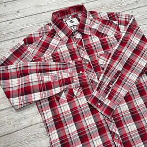 Coevals Club Shirt Men's Medium Red Plaid Pearl Snap Long Sleeve Cowboy Western